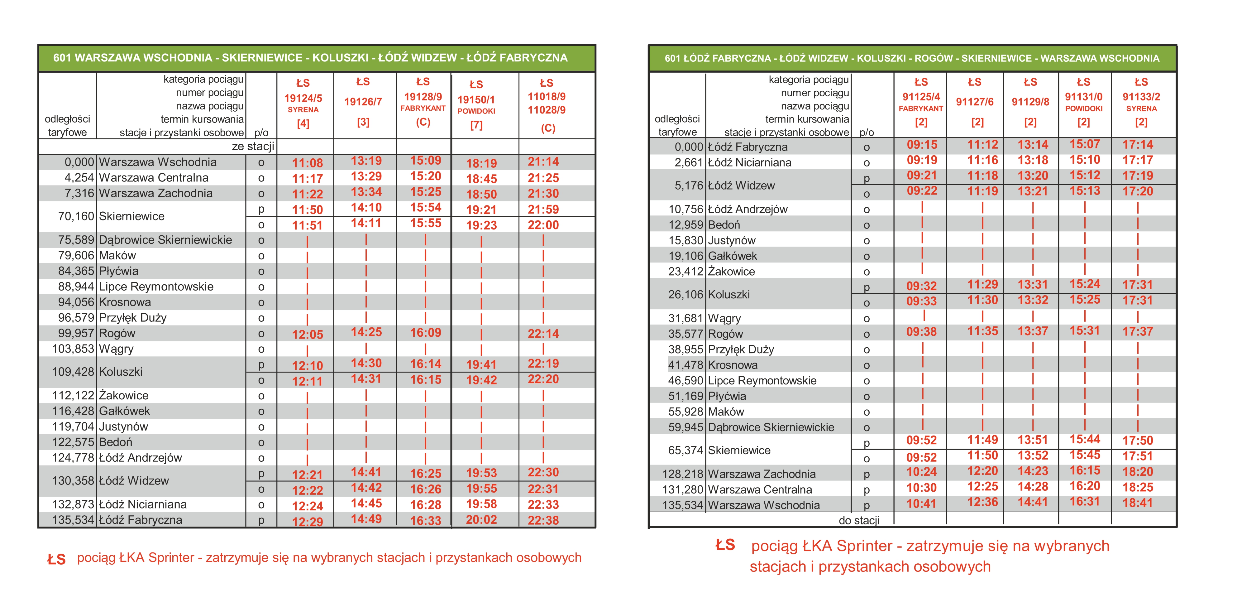 Obraz tabeli rozkładu jazdy pociągów ŁKA Sprinter. Obowiązuje 23 IV